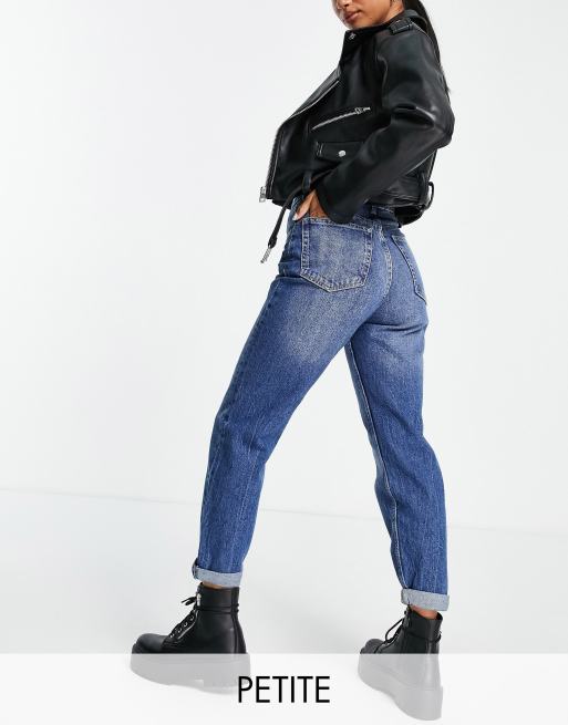 Bershka Petite mom jean in medium blue | ASOS