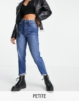 Bershka Petite mom jean in medium blue - ASOS Price Checker