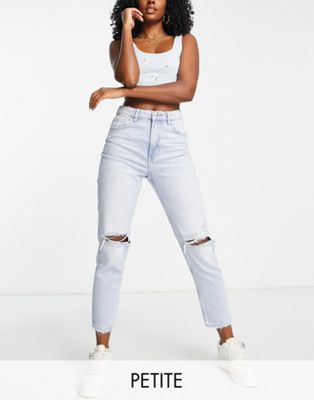 Bershka Petite mom jeans with rips in bleach blue - ASOS Price Checker