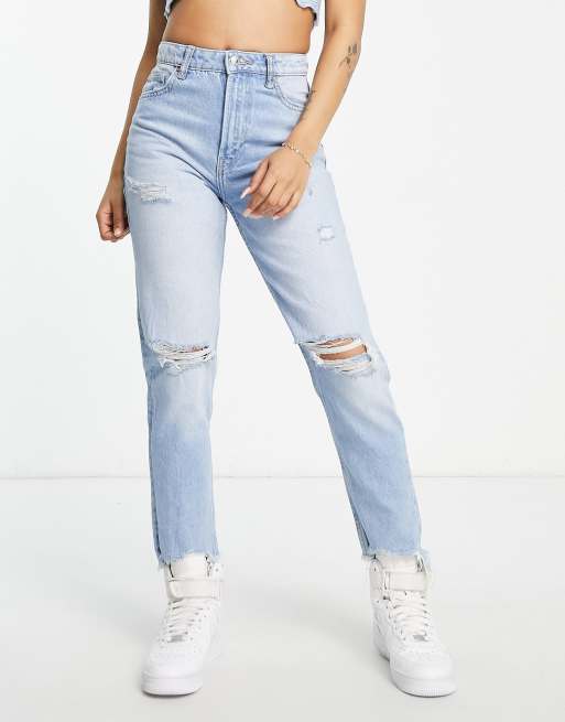 Bershka Jeans Mom Skinny Bershka Mom Jeans With Rips In Light Blue