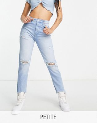 Bershka Petite mom jeans with rips in light wash blue