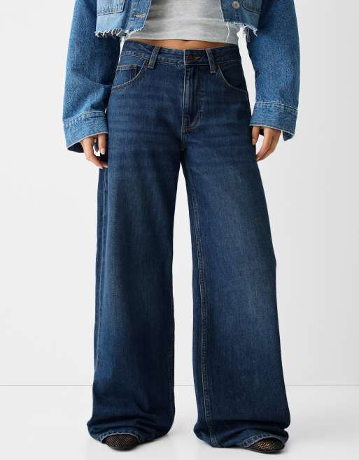 Bershka Petite – Mörkblå jeans med hög midja och vida ben, 4 av 4