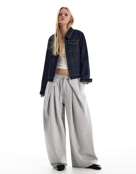 Bershka Petite neoprene effect wide-leg trousers with stoppers in light grey
