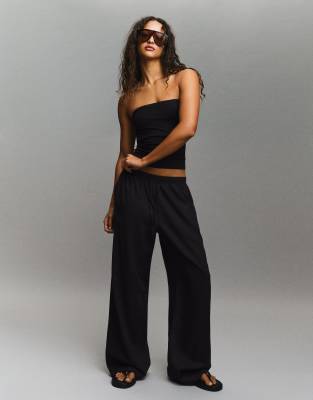 Petite - Pantalon en lin majoritaire avec taille élastique - Noir M