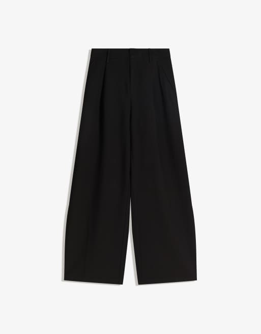 Bershka Petite - Pantaloni voluminosi neri in tessuto doppio, 4 di 4