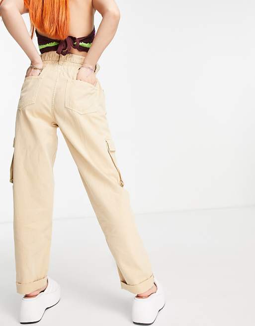 Bershka Petite pocket detail slim leg cargo pants in light Bershka Petite pocket detail slim leg cargo pants in light