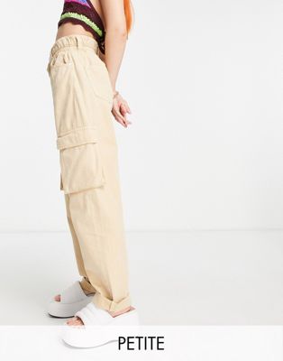 Bershka Petite pocket detail slim leg cargo trouser in light beige
