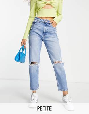 Bershka Petite Ripped Detail Mom Jean In Mid Blue ModeSens