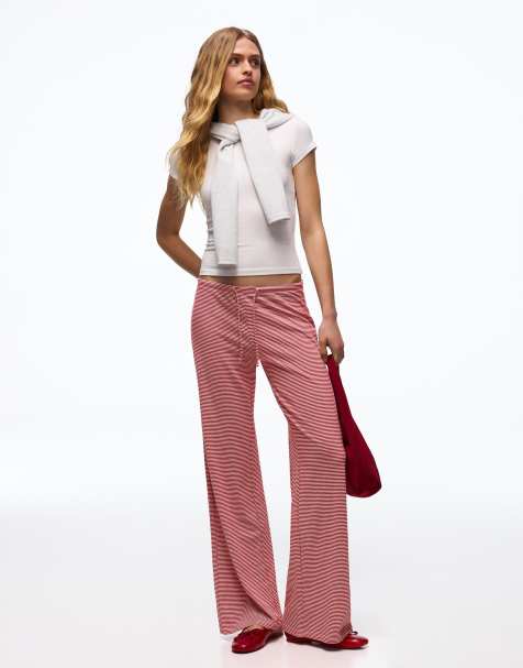 Bershka Petite – Röda, mönstrade, raka byxor - view 1