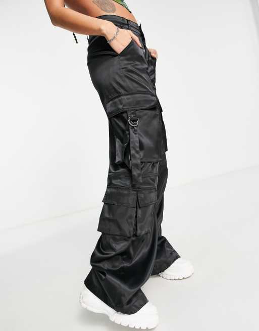 Petite Black Satin Cargo Trousers