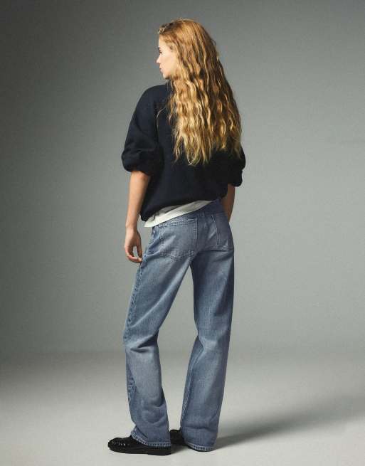 Bershka Petite straight jeans met halfhoge taille in blauw, 3 van 5