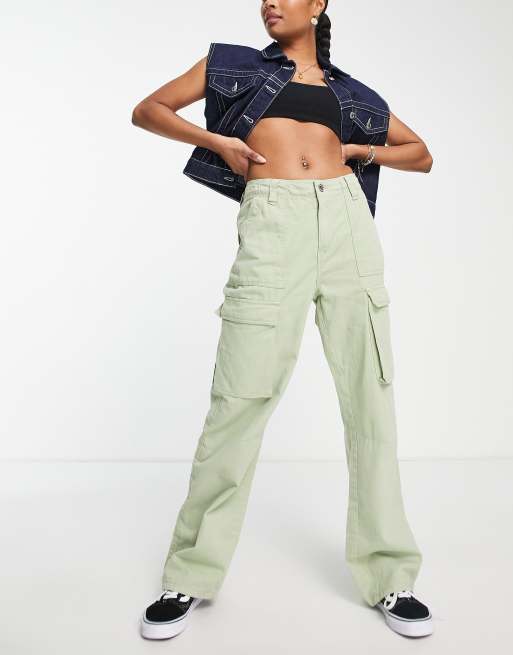 Bershka Petite straight leg cargo pants in khaki ASOS
