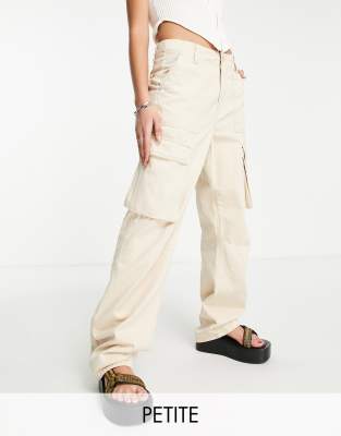 Bershka Petite Straight Leg Cargo Pants In Sand-neutral