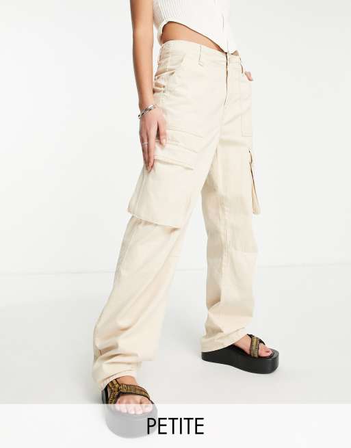 Bershka Petite straight leg cargo pants in sand