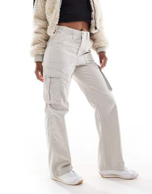 Bershka Straight Leg Cargo Pants In Stone-gray In Neutral