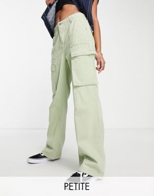 Bershka Petite straight leg cargo trouser in khaki