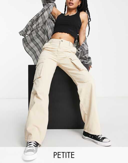 Bershka Petite straight leg cargo trouser in sand