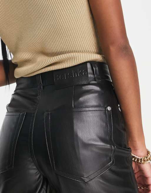 Bershka Petite straight leg faux leather pants in black, 3 of 4