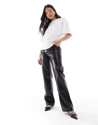 Bershka Bershka Petite straight leg faux leather trousers in black