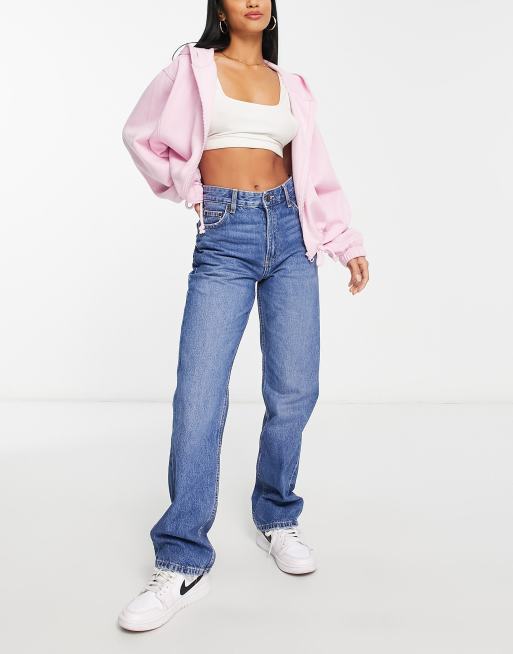 Bershka Petite straight leg jean in mid blue