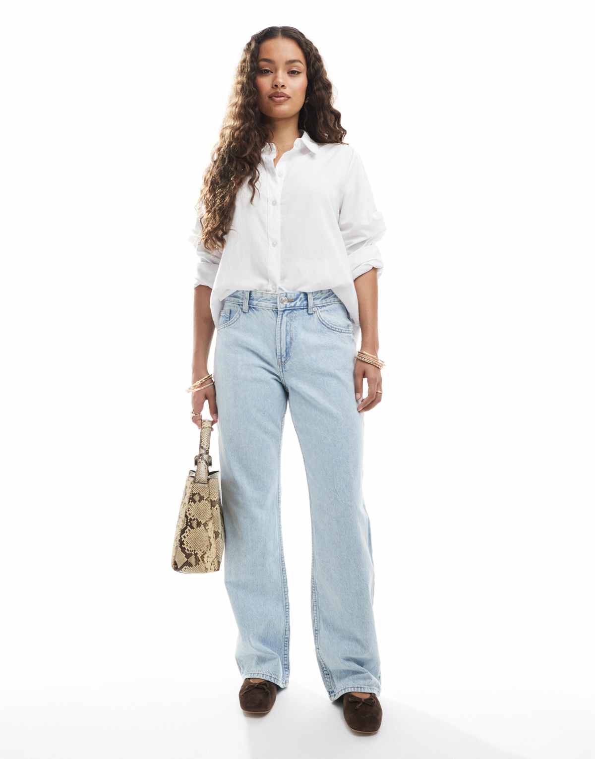 Bershka Petite straight leg jeans in super light wash blue