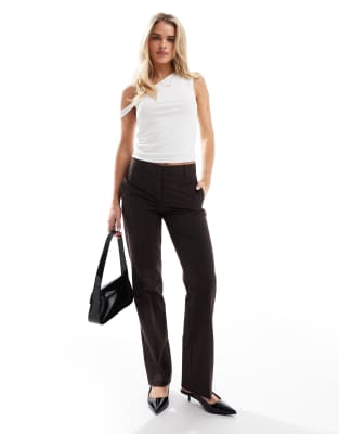 Bershka Petite straight leg tailored pants in brown