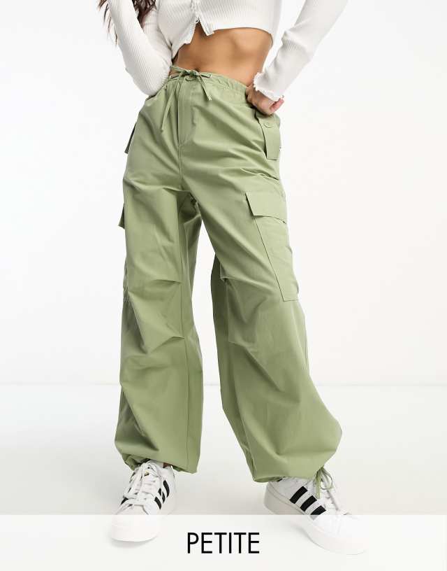 Bershka Petite tie waist nylon cargo parachute pants in khaki