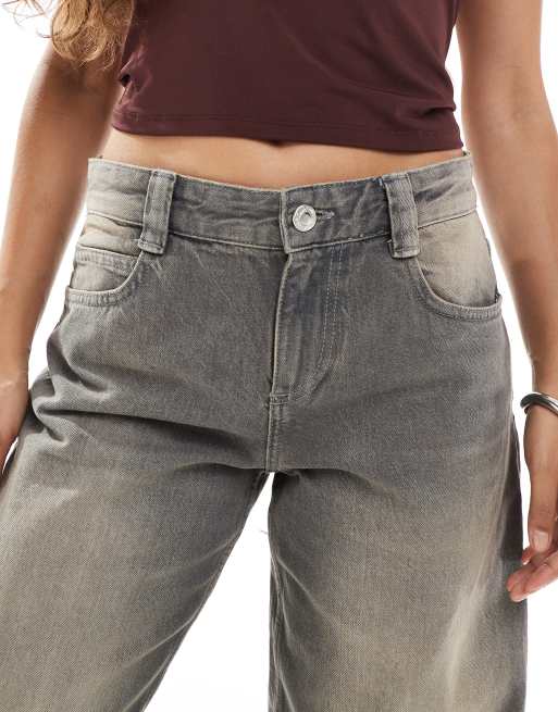Bershka Petite - Vasket grå posede løstsiddende jeans, 5 af 5