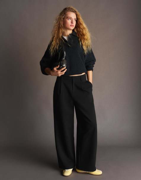 Bershka Petite voluminous trousers with double fabric in black - view 1