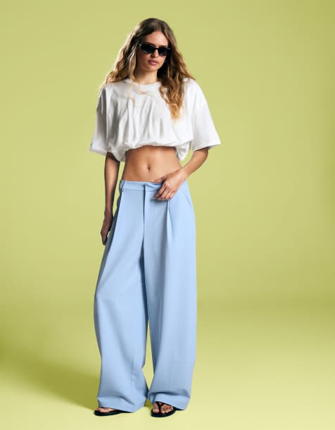 Bershka Petite voluminous trousers with double fabric in light blue - view 1