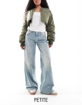 Petite wide leg baggy jeans in dirty mid blue wash