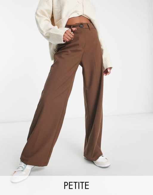 Bershka Petite wide leg slouchy dad tailored pants in brown