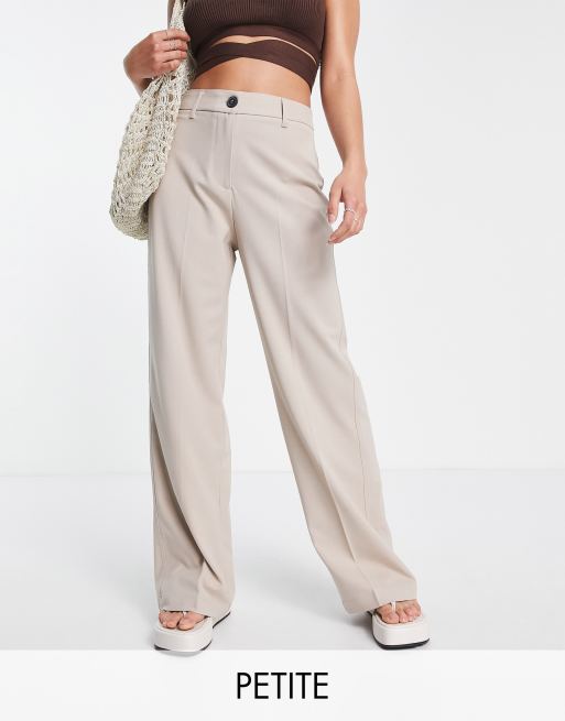 Bershka Petite wide leg slouchy dad tailored pants in mushroom | ASOS