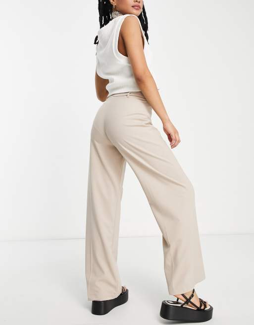 Bershka Petite wide leg slouchy dad tailored pants in mushroom, 2 of 4