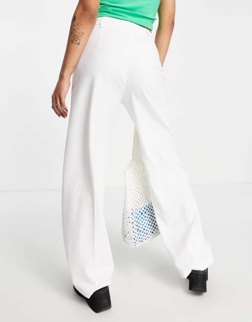 Bershka Petite wide leg slouchy dad tailored pants in off-white