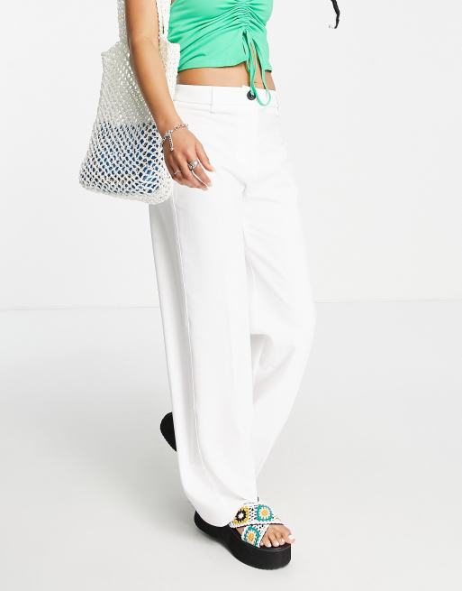 Bershka Petite wide leg slouchy dad tailored pants in off-white