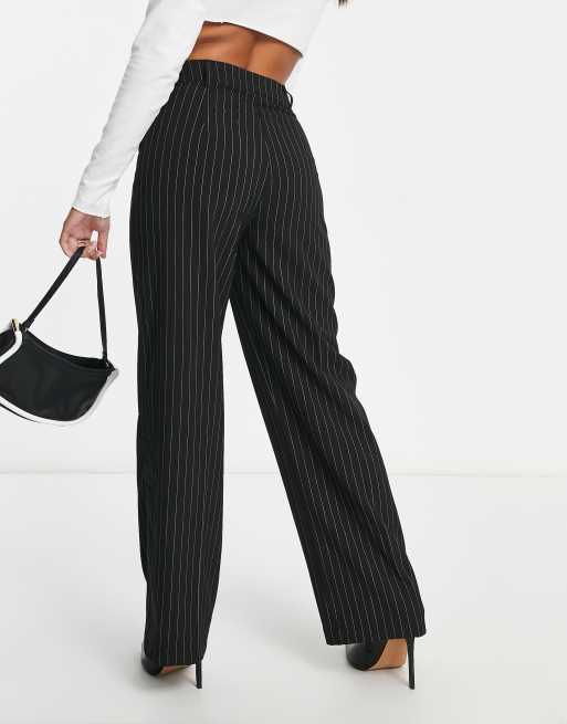 Bershka double waistband wide leg tailored trousers in grey pinstripe