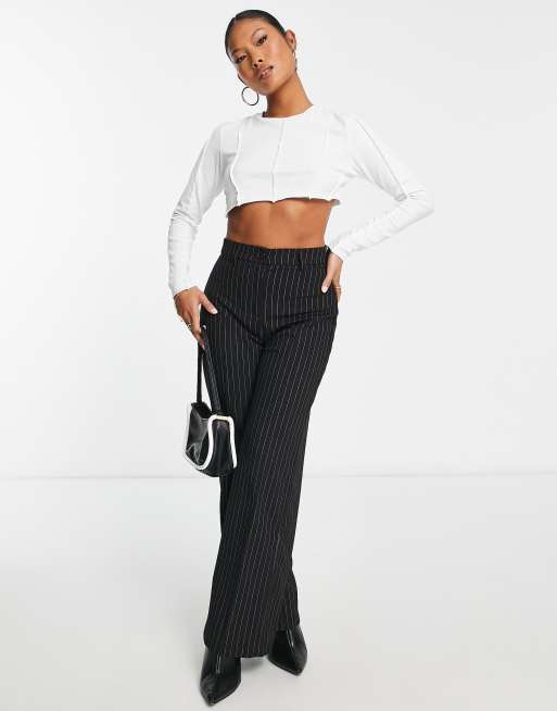 Bershka Petite wide leg slouchy dad tailored pants in pinstripe