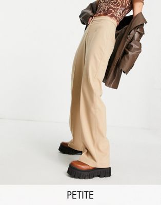 Bershka Petite wide leg slouchy dad tailored trousers in camel  - ASOS Price Checker