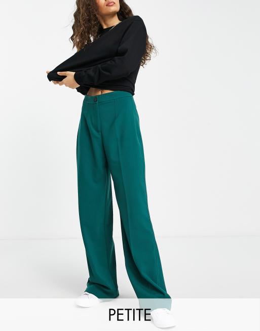 Bershka Petite wide leg slouchy dad tailored trousers in dark green