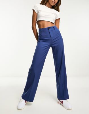 Bershka Petite wide leg tailored pants in navy blue