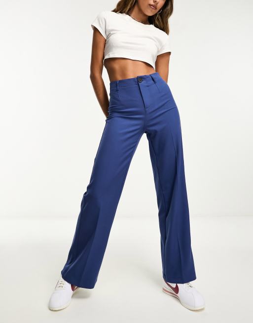 Bershka Petite wide leg tailored trousers in navy blue