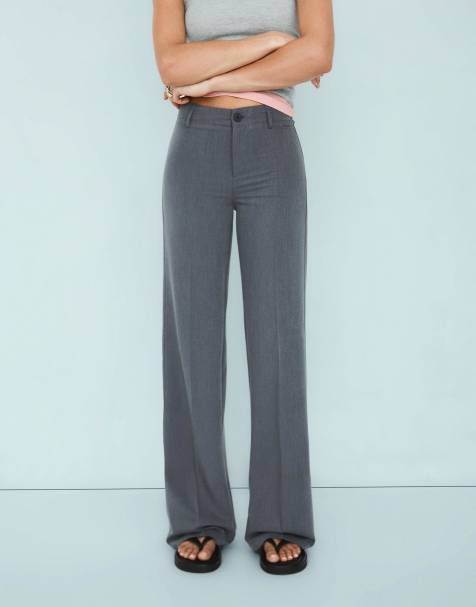 Bershka Petite wide-leg trousers in light grey