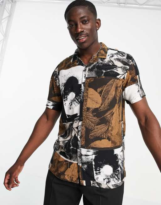 Bershka photographic leaf print shirt in brown | ASOS