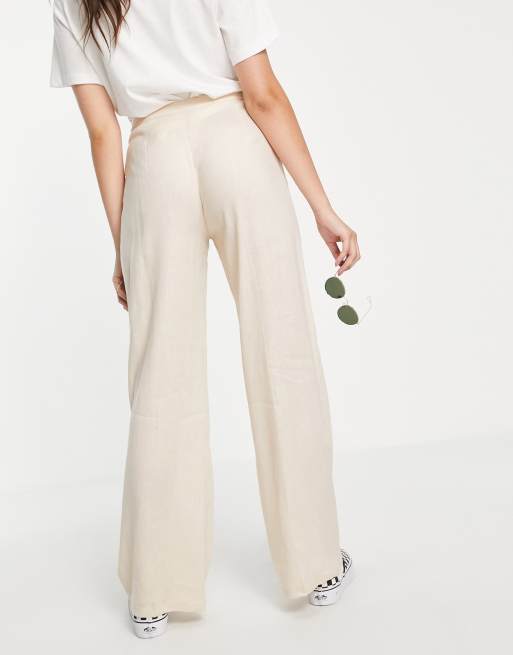 Bershka – Piaskowe lniane spodnie z szerokimi nogawkami, 2 z 4