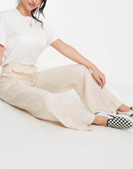Bershka – Piaskowe lniane spodnie z szerokimi nogawkami, 4 z 4