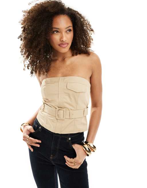 Bershka – Piaskowy top bandeau z paskiem
