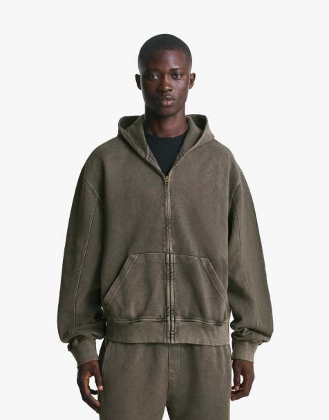 Bershka – Pikee-Sweatshirt in Schwarz und Weiß mit Reißverschluss und verwaschenem Effekt - view 1