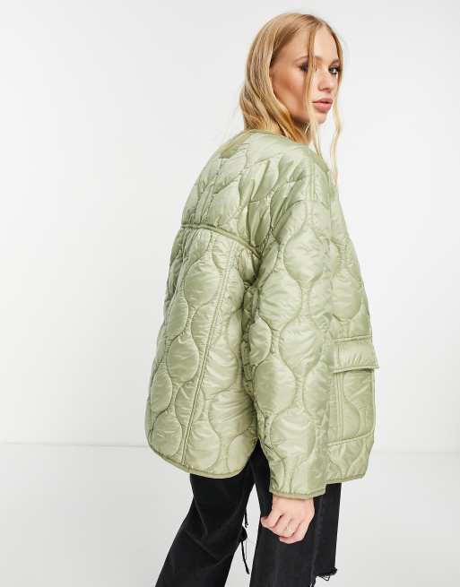 Bershka – Pikowana kurtka w kolorze khaki z obniżonym dołem, 2 z 4
