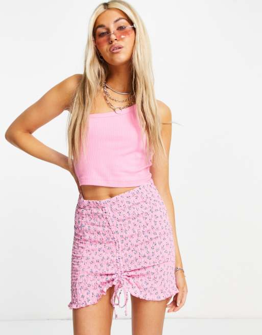 Bershka - Pink nederdel med rynker og småblomstret print - Del af sæt